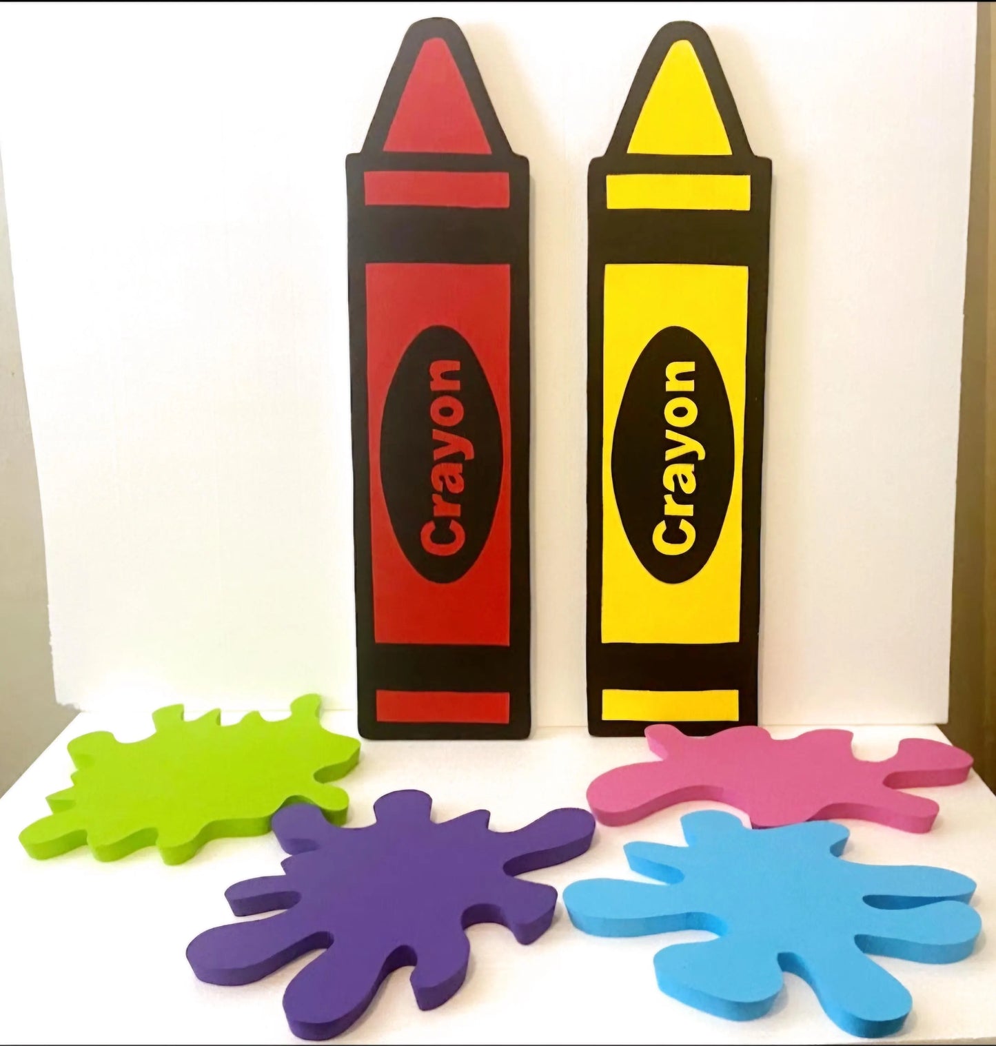 Creative Set 7 piece,( 2 crayon, 1 play doh logo, 4 paint splash) decoration or birthday table wall display props cutouts supplie standee Handmade Cutout