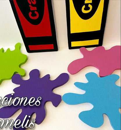 Creative Set 7 piece,( 2 crayon, 1 play doh logo, 4 paint splash) decoration or birthday table wall display props cutouts supplie standee Handmade Cutout