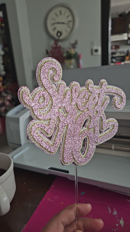 Light Pink Sweet 16 Cake Topper, w Glitter Layers - Elegant Birthday Table Party Decoration